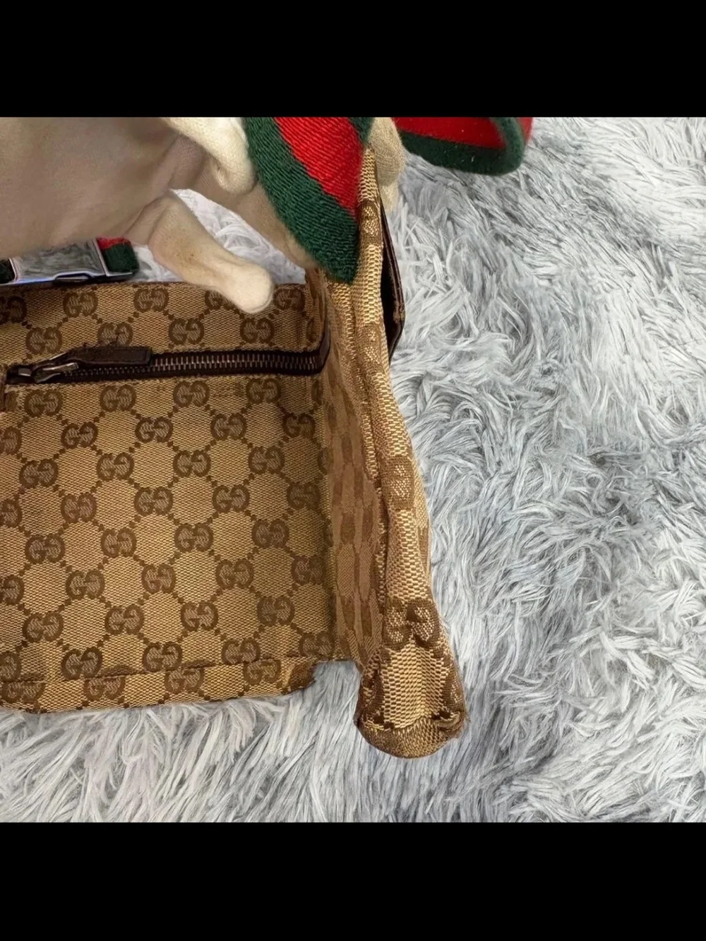 Gucci Tan GG Canvas Belt Bag with Brown Leather and Green-Red Web Strap